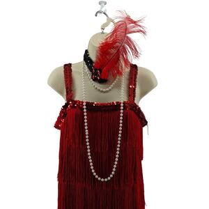 Red Fringe Flapper Costume Dress Small Stretchy Sequins 1920s Halloween Gatsby